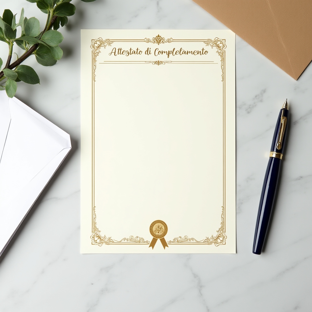 Attestato di completamento corso su scrivania con penna e materiali didattici