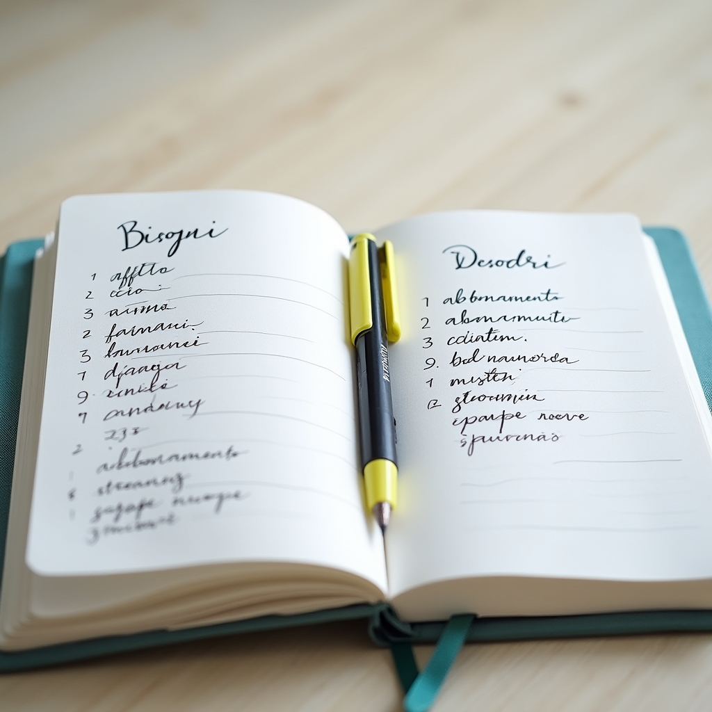 Diario aperto con liste scritte a mano su bisogni e desideri, matita sul tavolo